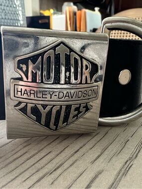 Harley Davidson Leather Belt Vtg Black Stone Sliver Tone 38.5”